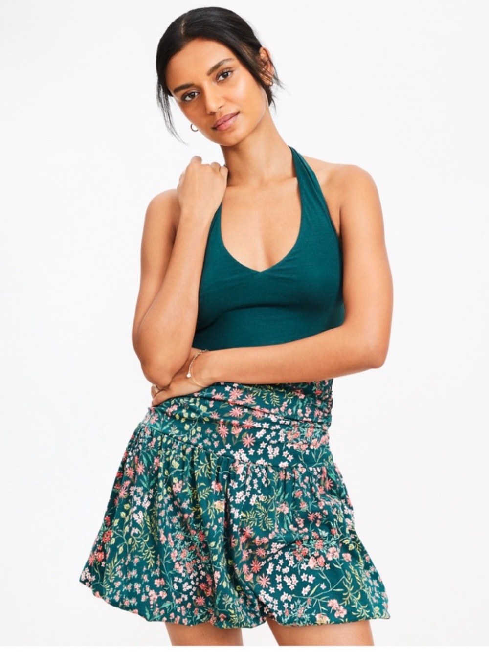 LOFT Floral Tiered Mini Skirt in Teal with Pink & White Flowers